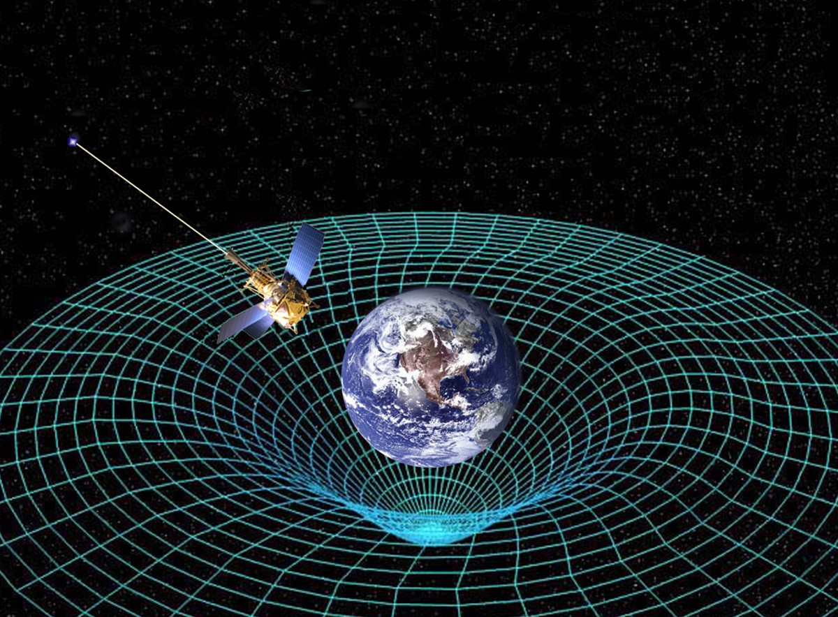 In this illustration, a grid has a dent where a ball that looks like Earth sits in it. A satellite is pictured above Earth.