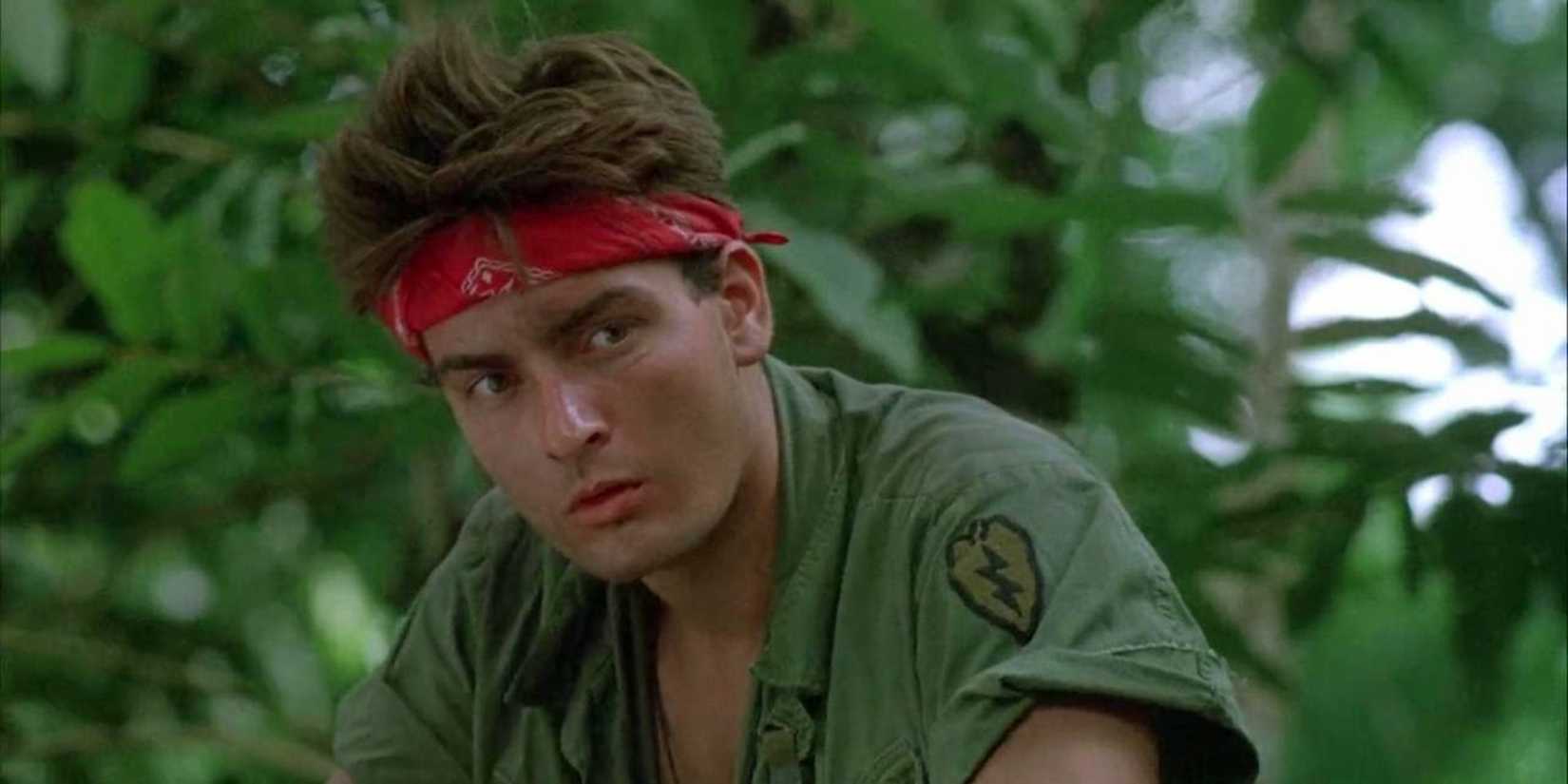 Charlie Sheen as Chris Taylor looks on in Oliver Stone's Platoon