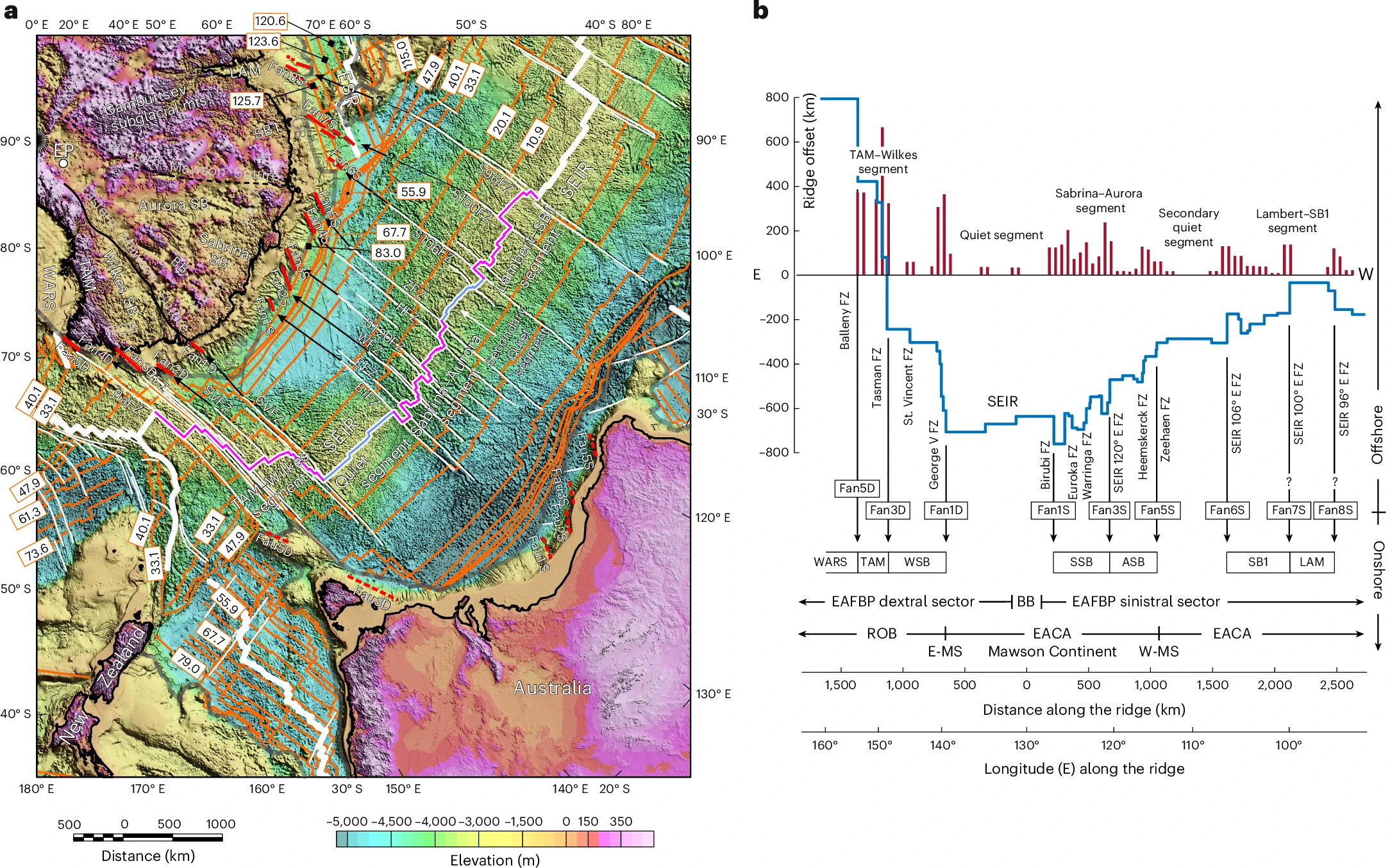 Present-day configuration of the Antarctica–Australia rifted margin and main fracture zones superimposed on the ETOPO Global Relief Model