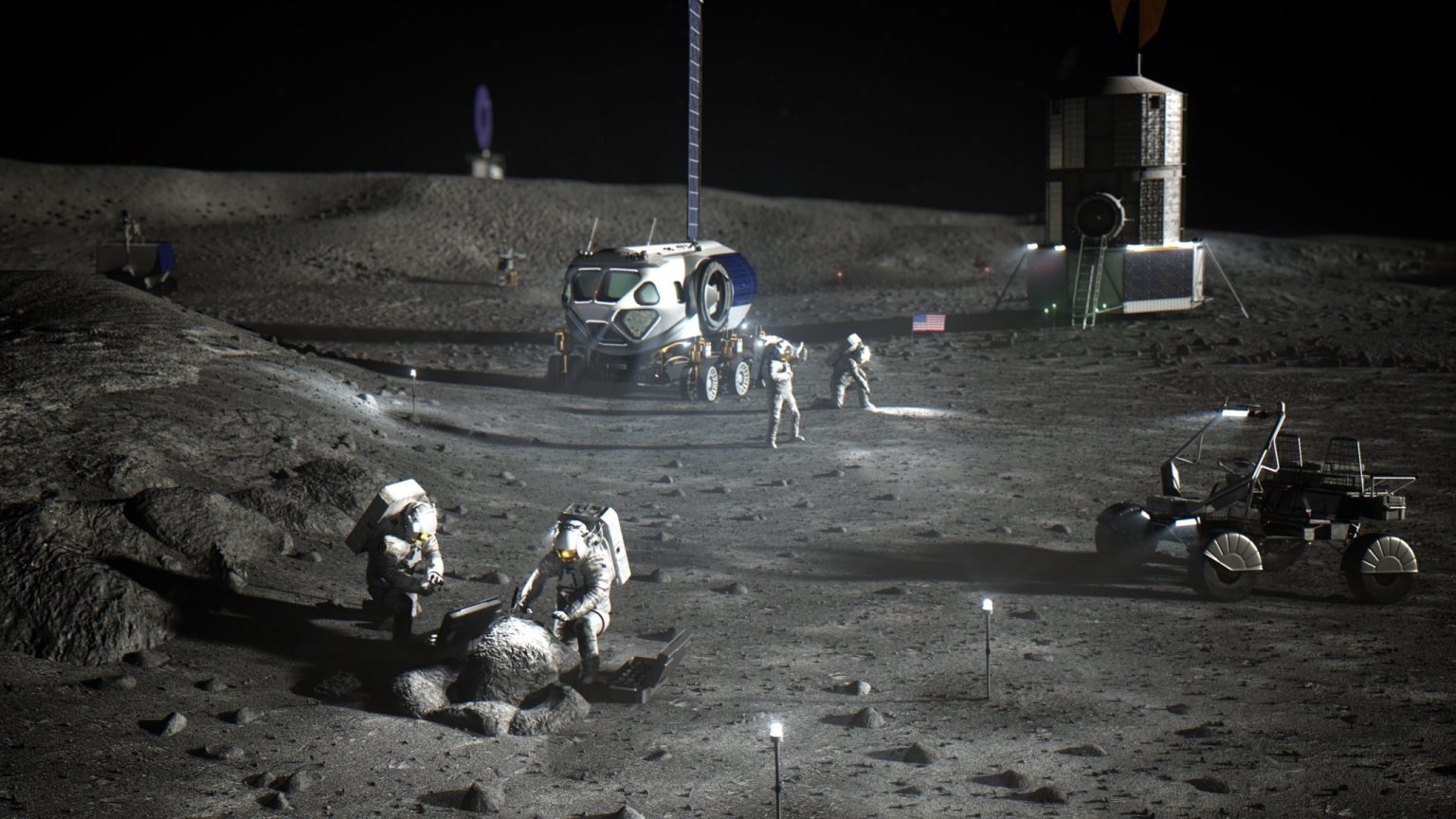 illustration of four astronauts in white spacesuits working on the moon