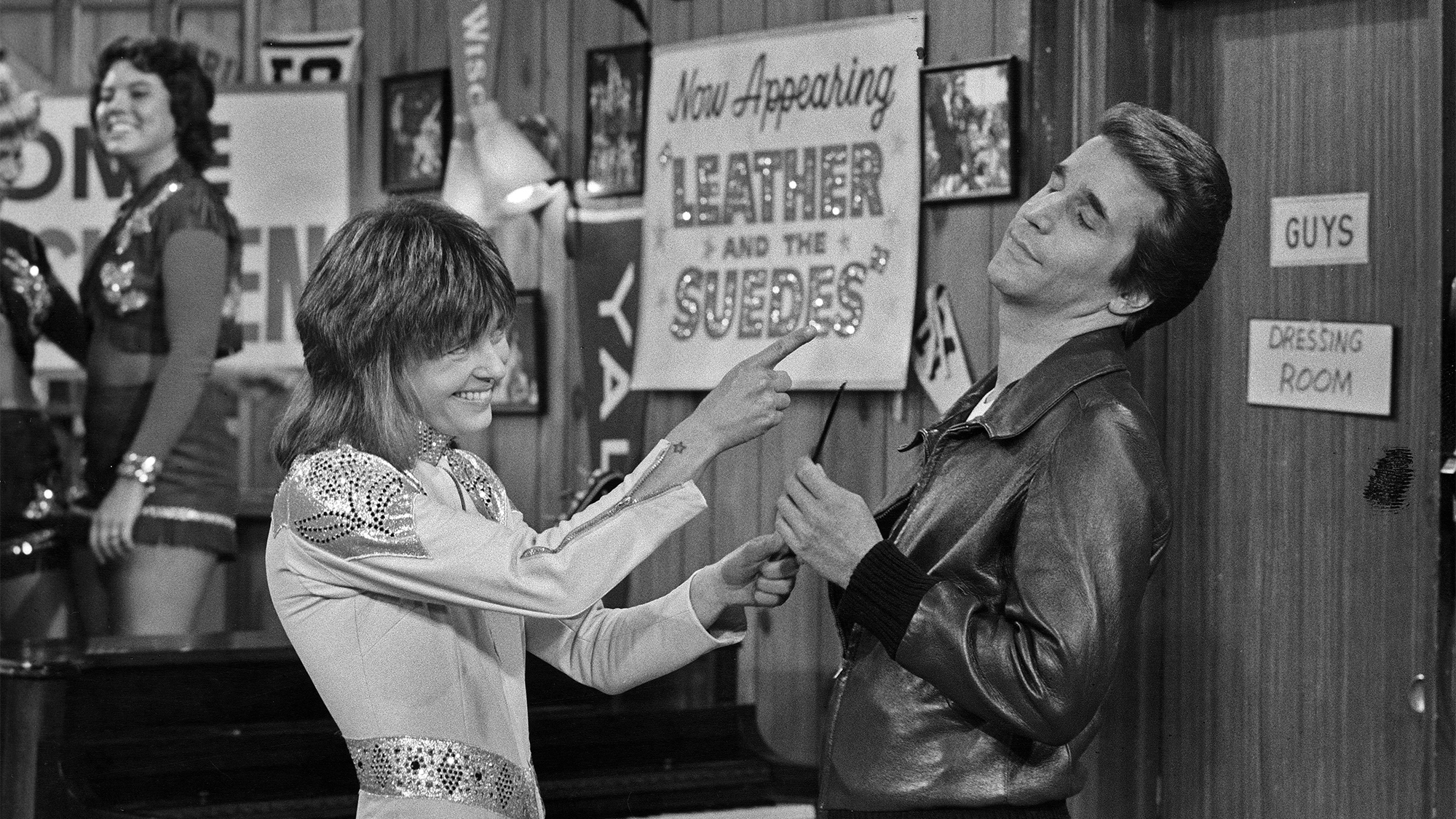 Suzi Quatro and Henry Winkler perform as Leather Tuscadero and Fonzie on the ABC sitcom Happy Days November 8 1977
