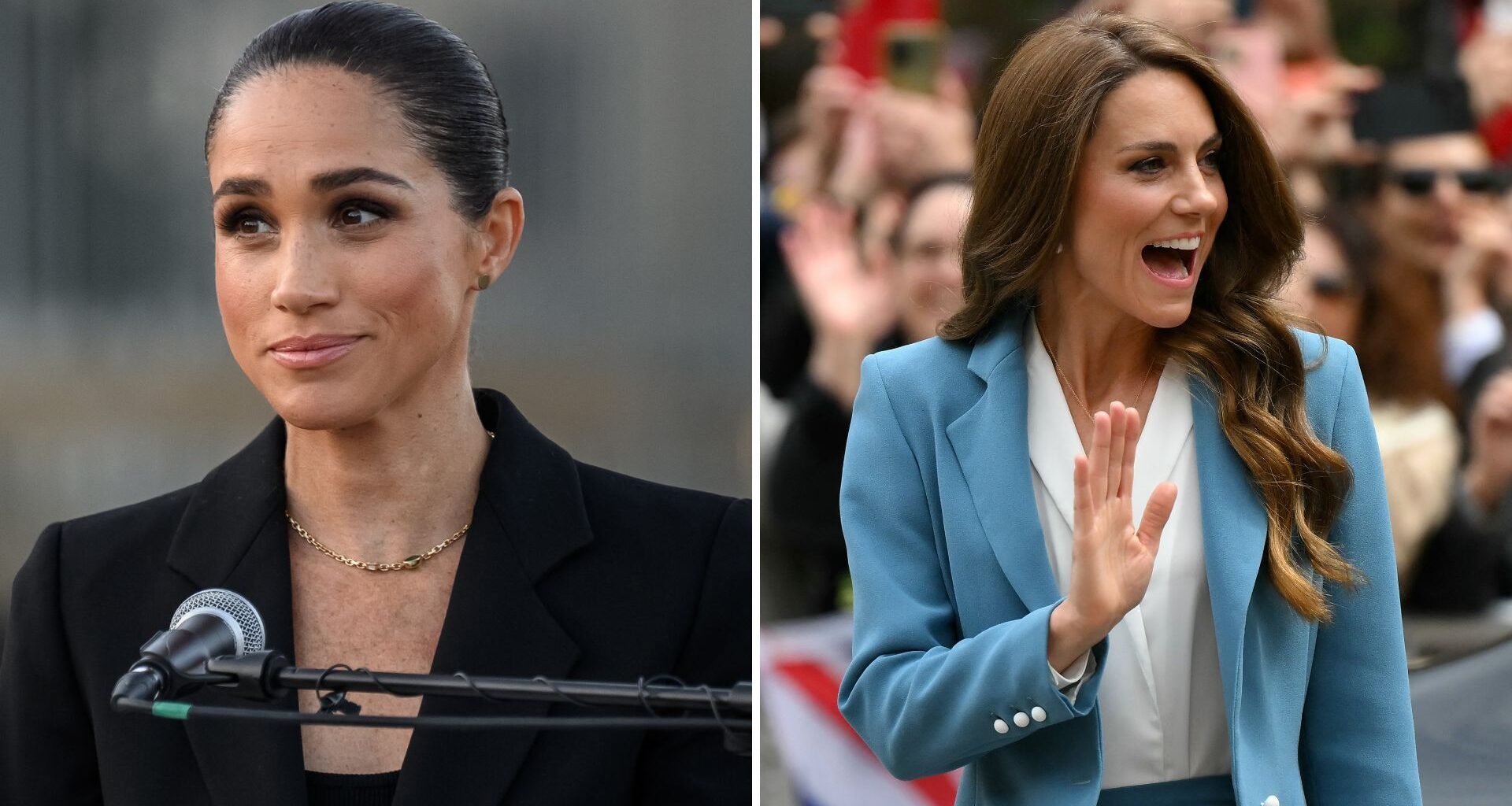 L-Meghan Markle delivers a speech at the opening of the Lost Screen Memorial in Geneva, R- Kate Middleton arrives at Reggio Emilia town hall during a two-day visit in Italy