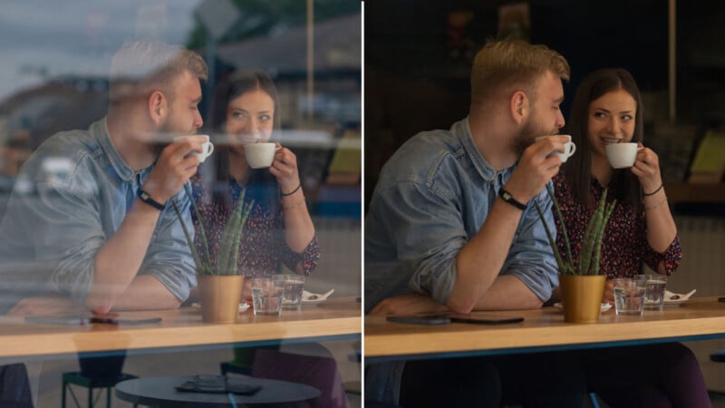 Two people sit at a café table, smiling and having coffee together. The left side shows them through a window, creating reflections; the right side is a clear view from inside. Both are holding cups and enjoying their time.