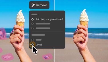 A person holding a vanilla ice cream cone at the beach with an editing menu overlay showing an option to remove objects, dividing the image into edited and unedited sides with objects removed on one side.