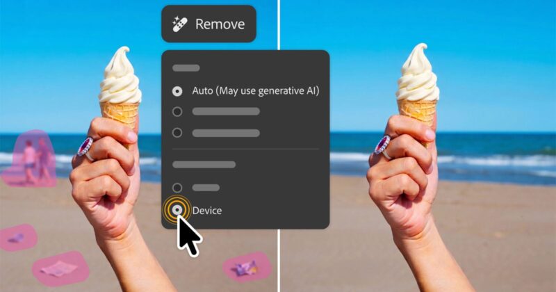 A person holding a vanilla ice cream cone at the beach with an editing menu overlay showing an option to remove objects, dividing the image into edited and unedited sides with objects removed on one side.