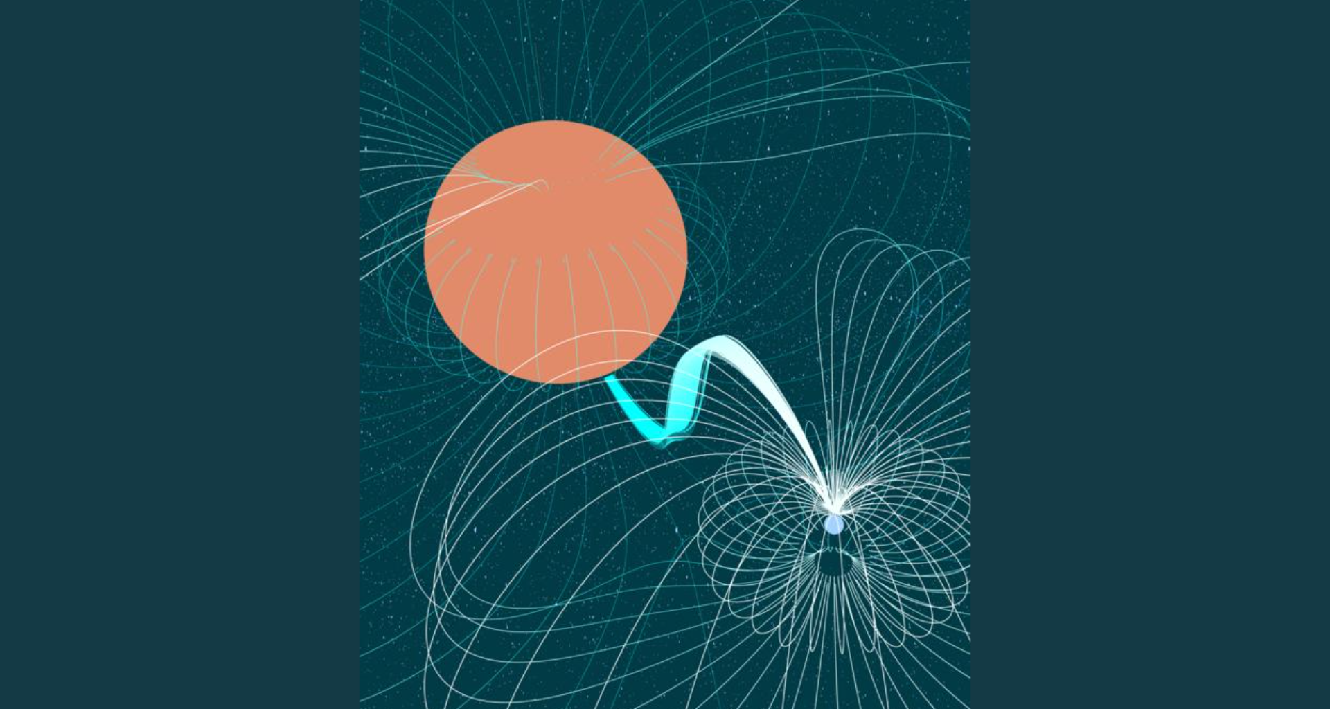 An illustration of a large orange circle toward the top left. There is a tiny white-purple circle toward the bottom right. The two circles are connected by a bright blue ribbon.