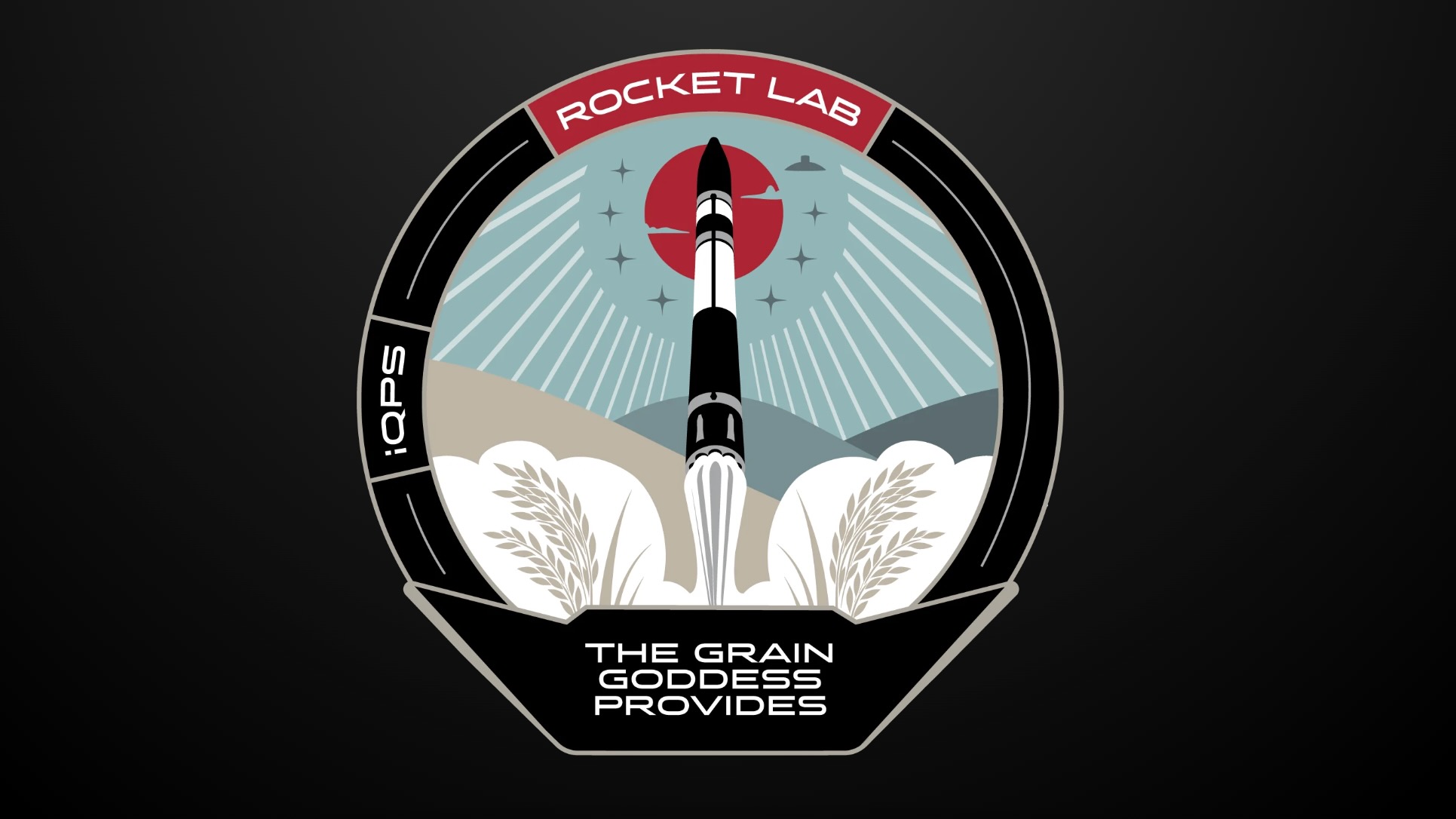 a circular space mission patch showing a white and black rocket launching with a red sun in the background