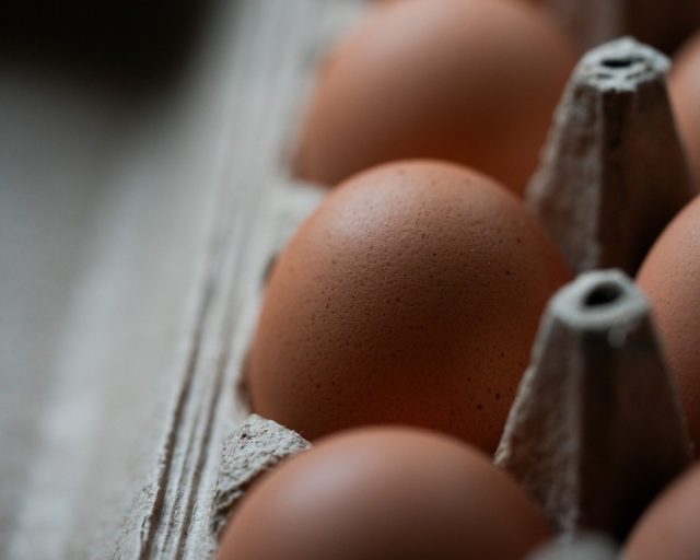 Eggs are seen in a carton on Monday, April 13, 2026, in Portland, Ore. (AP Photo/Jenny Kane)