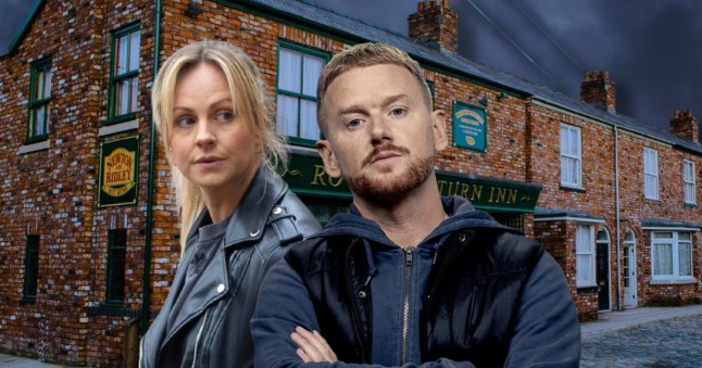 Sarah Platt and Gary Windass in front of the Rovers in Coronation Street