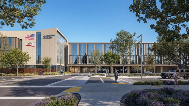 Entrance area of El Camino Health Los Gatos Hospital on Pollard Road near Knowles Drive in Los Gatos, concept. (HOK Architects)