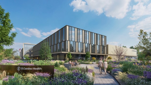 Street-level view of El Camino Health Los Gatos Hospital on Pollard Road near Knowles Drive in Los Gatos, concept. (HOK Architects)