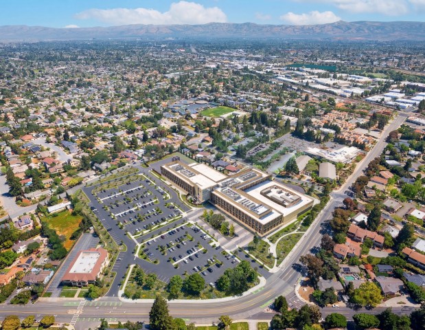 Bird's eye view of El Camino Health Los Gatos Hospital on Pollard Road near Knowles Drive in Los Gatos, concept. (HOK Architects)