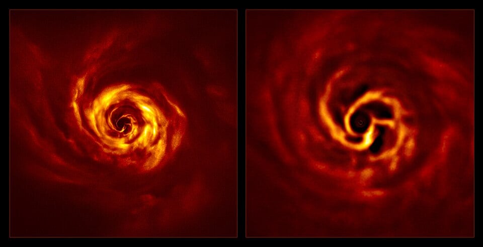 SPHERE images taken in 2020 of the AB Aurigae system showing the disc around it. The image on the right, a zoomed-in version of the central part of the image on the left, shows the inner region of the disc. Courtesy ESO.