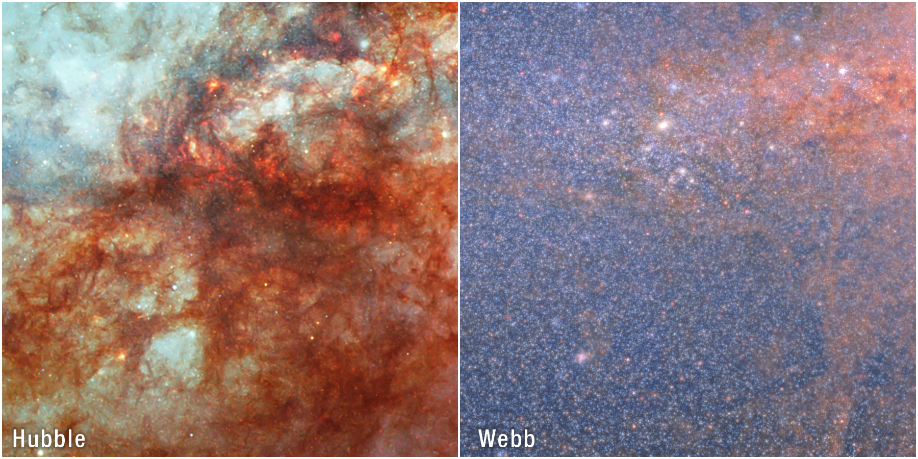 A side-by-side comparison of a portion of starburst galaxy Messier 82 (M82) as seen by NASA’s Hubble (left) and James Webb (right) space telescopes. The left image is labeled “Hubble” and the right image is labeled “Webb.” Hubble’s visible-light view at left shows bright, bluish light radiating from the center and a thick lane of dust, black in the center and red around the edges, diagonally stretching across the scene. Thinner strands and clumps of reddish dust cover the majority of the view. Webb’s infrared-light view at right shows a dense area of stars, depicted as luminous blue-white grains, against the black background of space. Toward the right side is clumpy red material, which is most visible toward the top right corner.