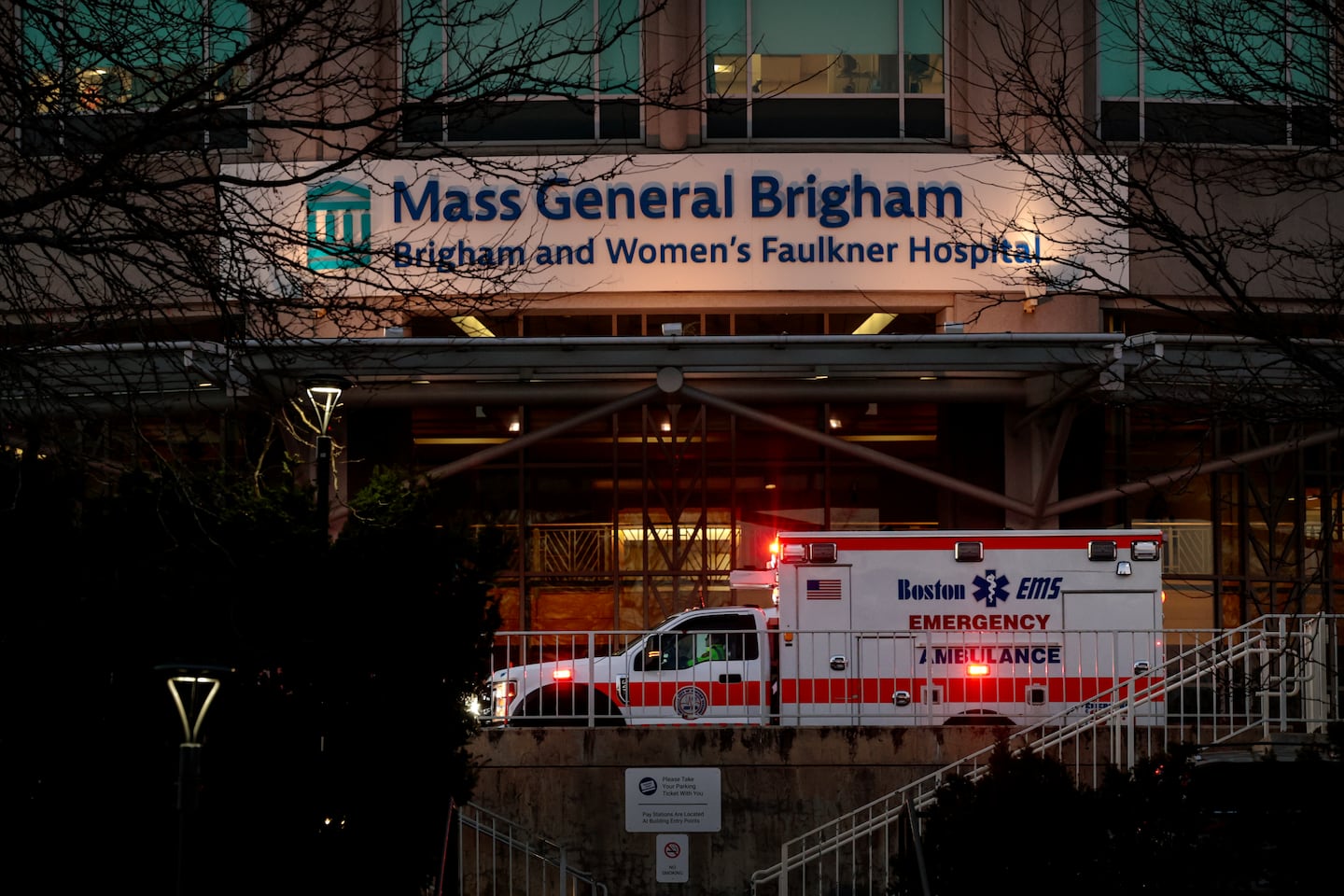 An ambulance departed Brigham and Women's Faulkner Hospital in Jamaica Plain in Boston.