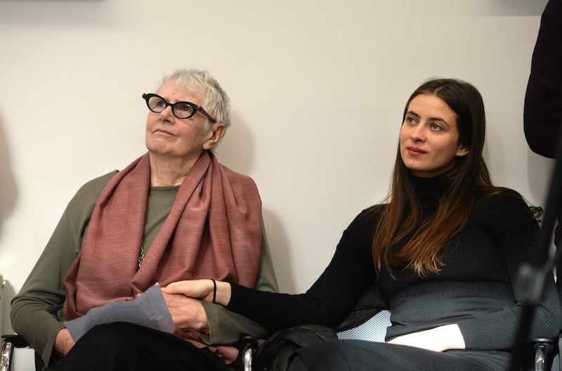 Agnes O'Casey and her grandmother Shivaun O'Casey, daughter of Seán O'Casey in Dublin in 2019 for the official opening by then president Michael D Higgins of Flac's (Free Legal Aid Centre) head office at 85-86 Dorset Street Upper, formerly the home of the Irish playwright. Photograph: Dara Mac Dónaill