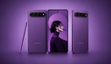 Three Samsung Galaxy smartphones and a stylus are displayed in purple, featuring a portrait of a woman on the center screen.