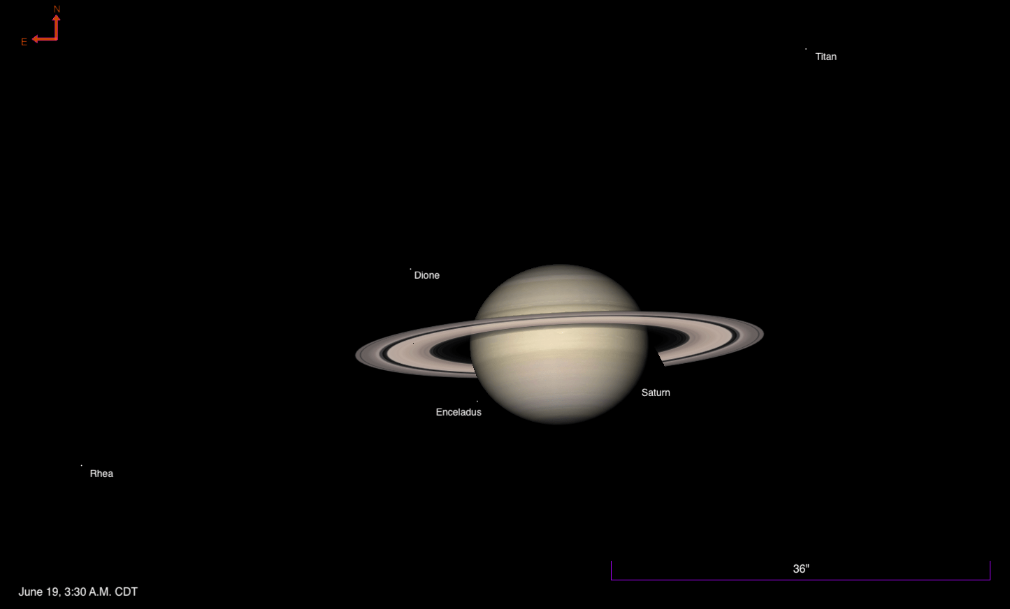 A simulated telescopic view of Saturn on June 19. 2026, at 3:30 A.M. CDT. The ringed planet is shown in detail near the center of the frame, with its rings tilted and clearly visible. Four moons are labeled: Titan in the upper right, Dione above the rings to the left, Enceladus below the rings near center, and Rhea to the lower left. A north-east orientation arrow appears in the upper left corner.