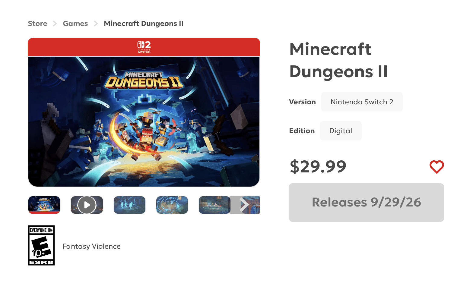 A screenshot of the Nintendo eShop listing for Minecraft Dungeons II.