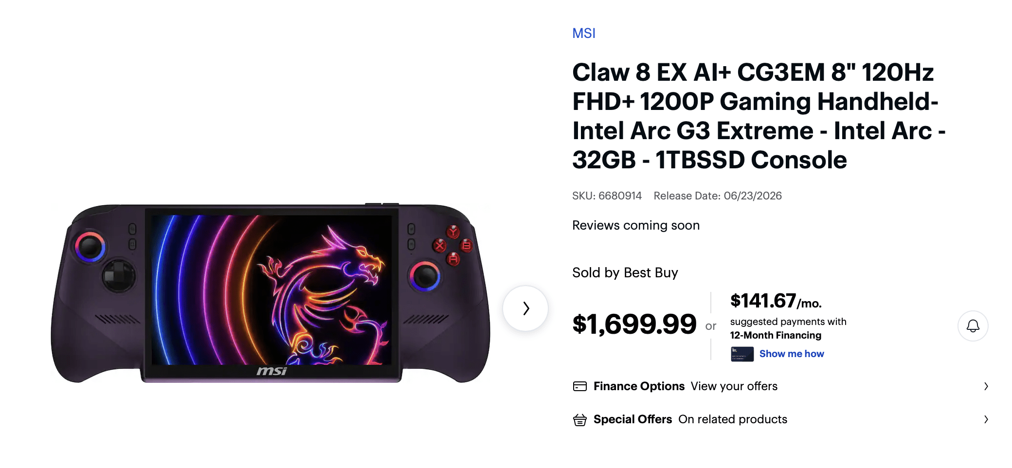 A screenshot from Best Buy’s store listing for the MSI Claw 8 EX AI Plus.