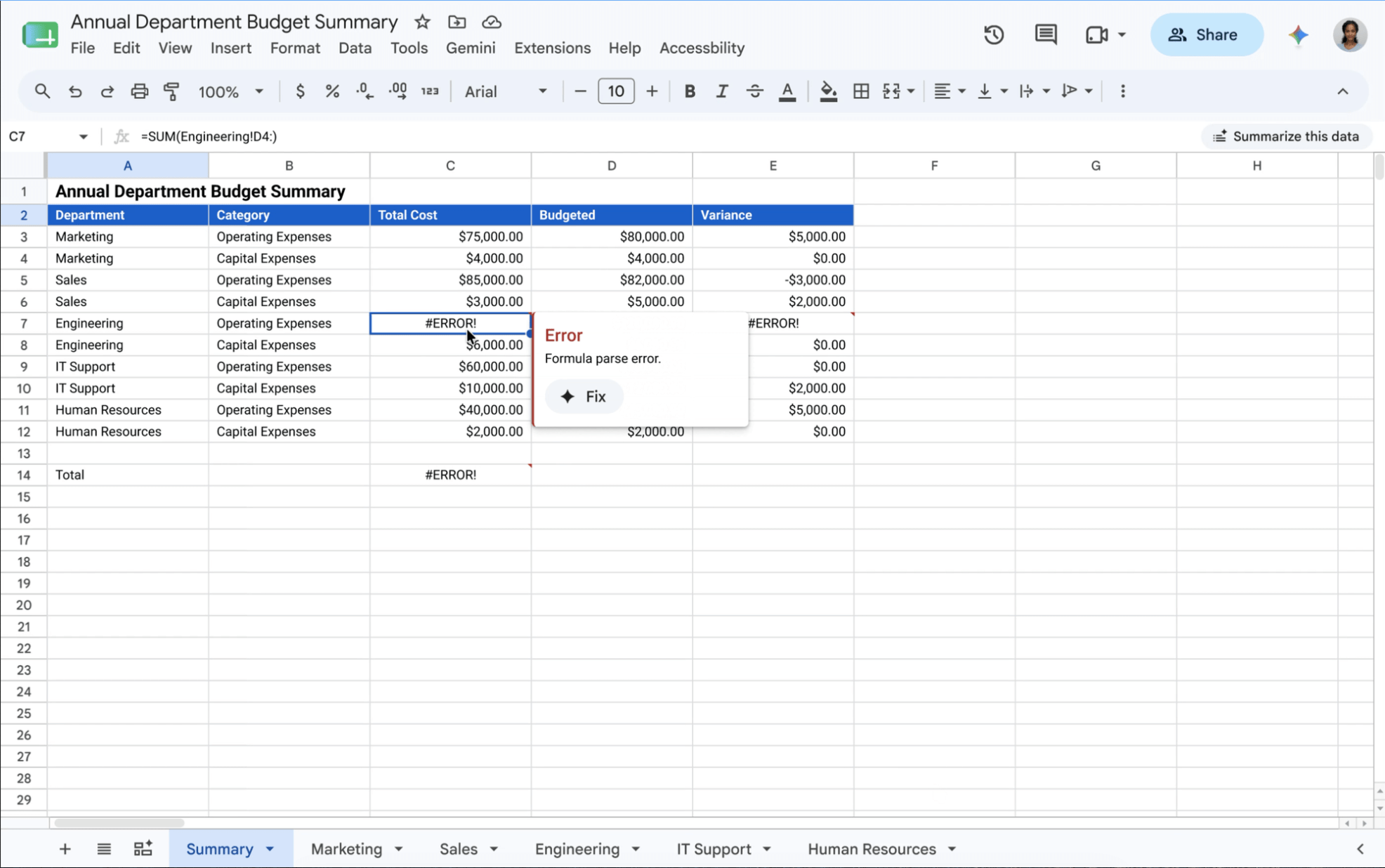 A screenshot of the Gemini “Fix” button in Google Sheets