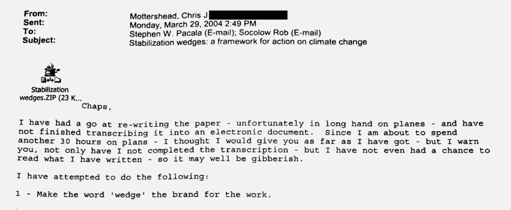 A March 2004 email from Mottershead to Pacala and Socolow says he has rewritten a draft of their paper.