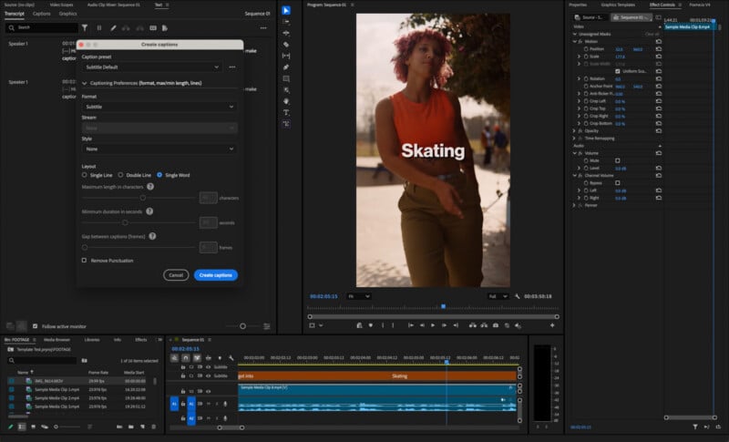 A video editing software interface shows a vertical video of a woman in an orange top with the word "Skating" overlaid. Various editing panels and timeline tracks are visible on the screen.