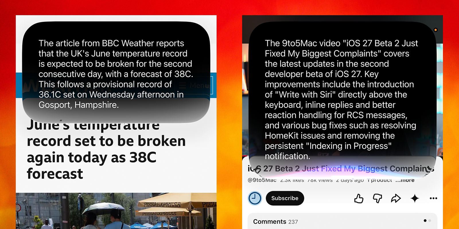 Siri will sometimes summarize webpages and videos from within Safari and YouTube apps | Screenshots shown of Siri responses