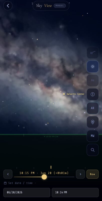 A digital sky map app interface shows the Milky Way galaxy with the "Galactic Center" labeled, various menu icons on the right, date and time controls below, and starry clouds across the dark background.