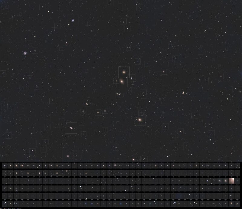 A large star field containing numerous faint and fuzzy galaxies, each marked with a small square.