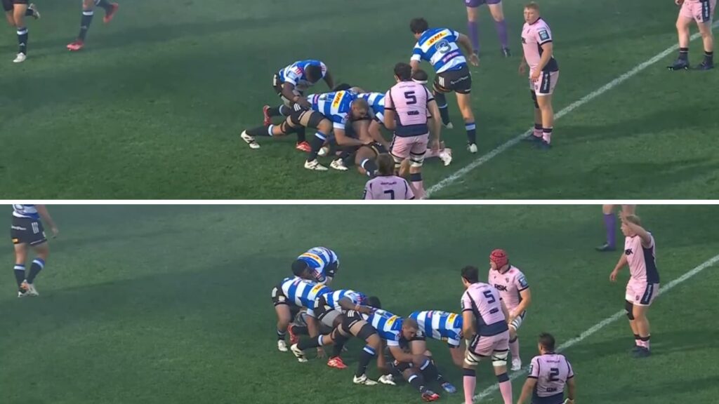 Stormers scrum-half Imad Khan using his hands to get the ball out of a ruck versus Cardiff (VIA URC TV).