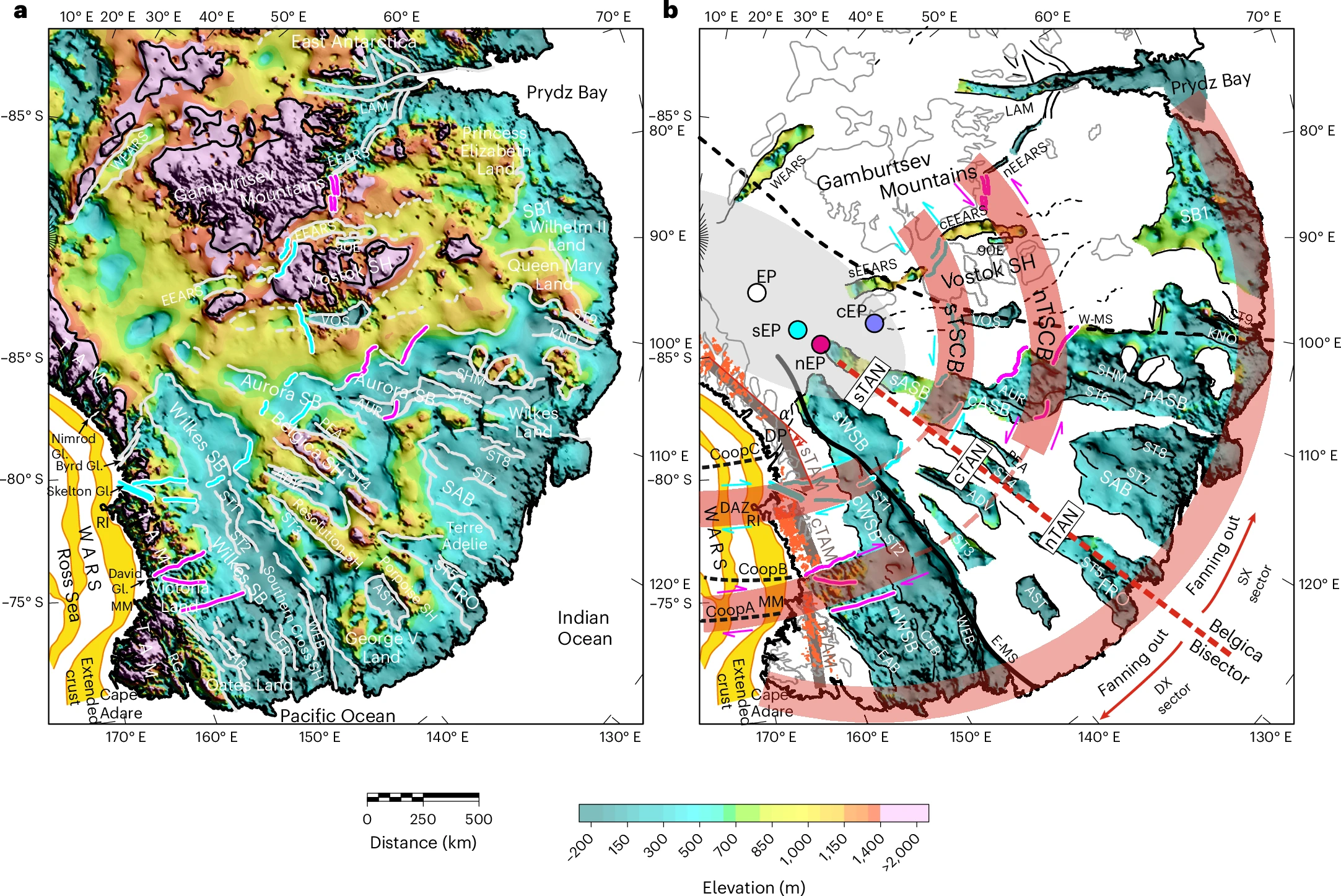 Sub-ice topography, corrected for isostatic rebound due to ice removal3, with sharp topographic features enhanced by nonlinear filtering (Methods).
