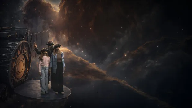 The 40-minute experience transforms a 5,000-square-foot space into a free-roam environment, where producers collaborated with astrophysicists to build interactive scenes using observational data from the James Webb and Hubble Space Telescopes (Courtesy Fever).