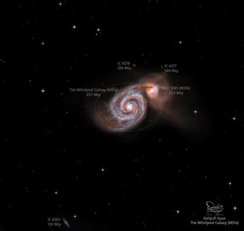 A yellowish spiral galaxy seen face-on, marked with a circle and surrounded by sparse bright stars.