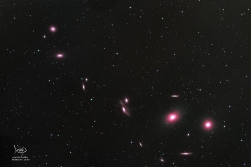 A prolific star field containing a dozen reddish and fuzzy galaxies.