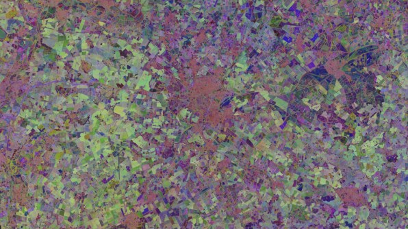 A false-colour, Tessera-produced satellite-equivalent image of Cambridge in the UK