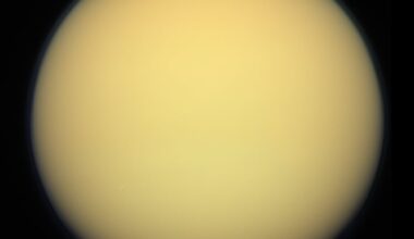 Titan, imaged by the Cassini orbiter, December 2011. A thick shroud of organic haze permanently obscures Titan's surface from viewing in visible light (Credit : NASA/JPL-Caltech/SSI/Kevin M. Gill)