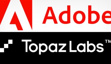 The image displays the Adobe logo in red and white at the top and the Topaz Labs logo in white on a black background at the bottom.