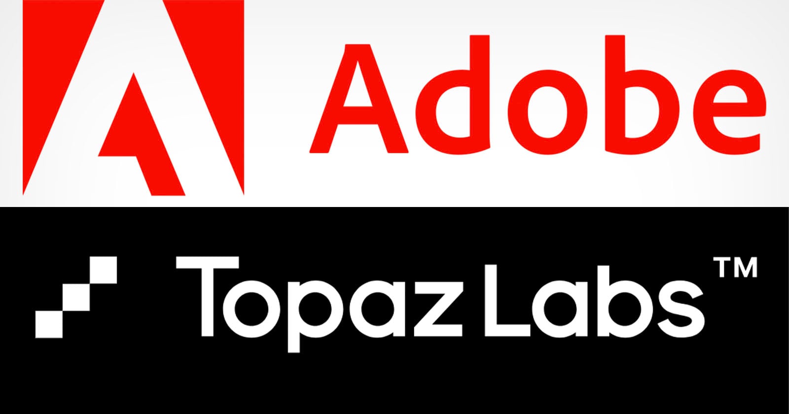 The image displays the Adobe logo in red and white at the top and the Topaz Labs logo in white on a black background at the bottom.