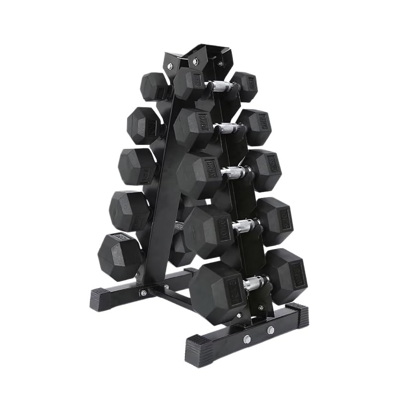 Hex Dumbbell Set With Storage Rack | Heavy Duty Rubber Dumbbells Weights Set for Home Gym (include Rack, 4+5+6+7+7.5 Kg Pair Set)