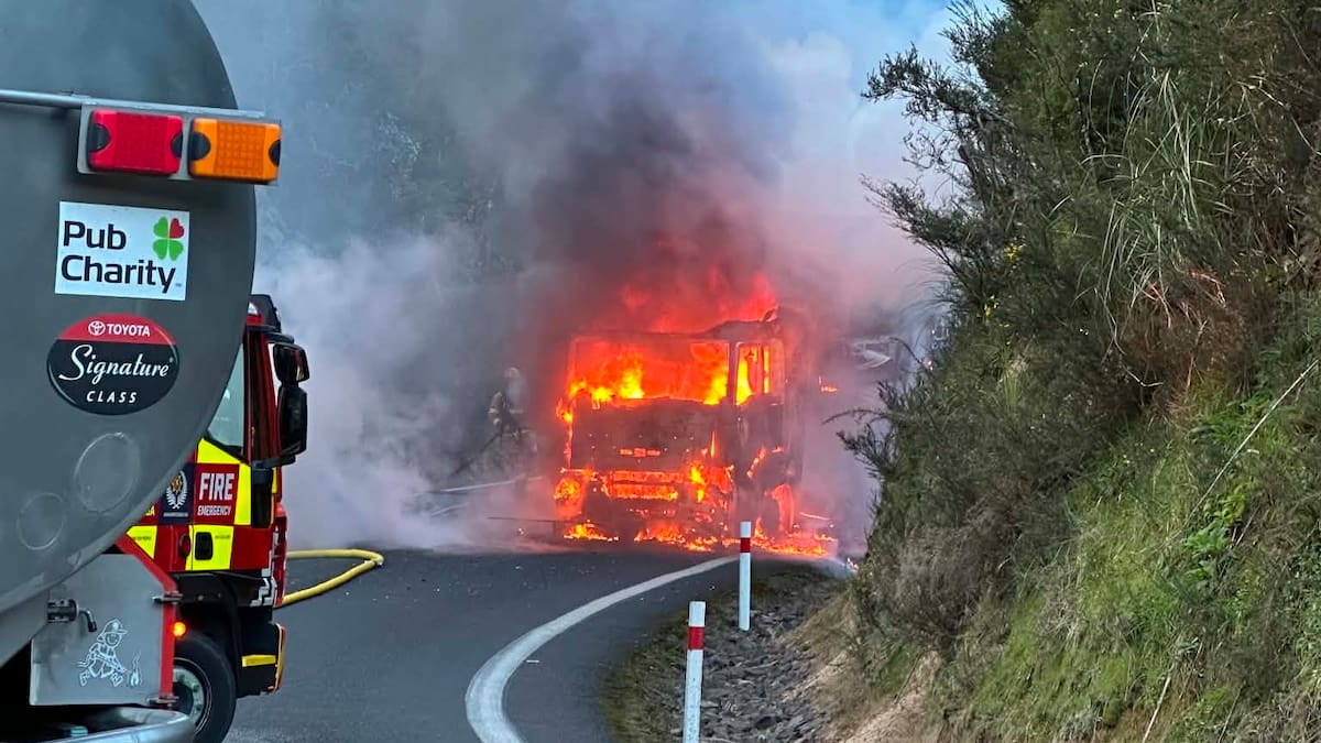 Truck fire shuts SH25A near Thames as crews battle blaze