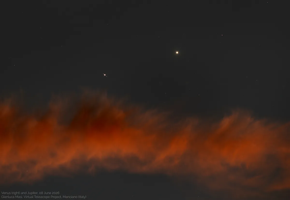 Venus and Jupiter captured by Gianluca Masi of the Virtual Telescope Project, Manciano, Italy, 8 June 2026