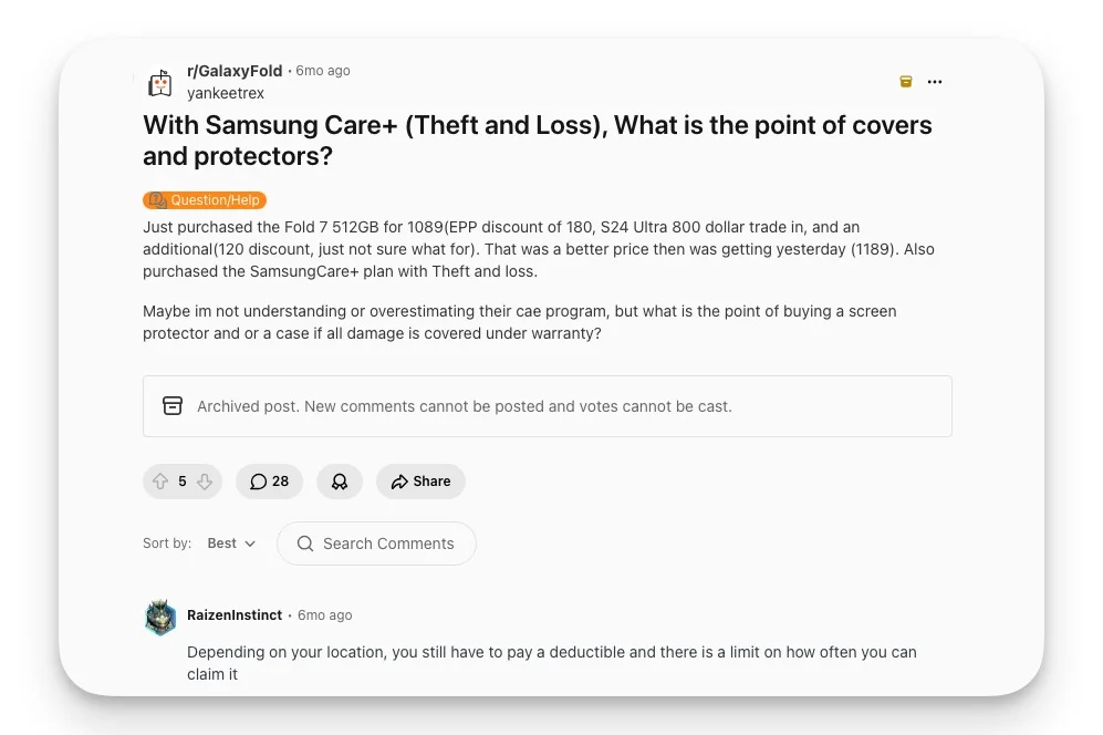 Reddit post on r/GalaxyFold asking what the point of cases and protectors is with Samsung Care+ Theft and Loss, with a reply noting deductibles and claim limits