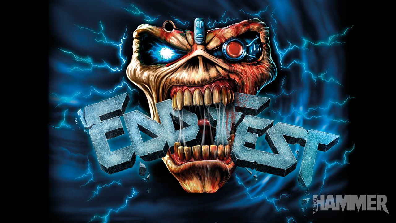 Iron Maiden mascot Eddie biting down on the word EDDFEST