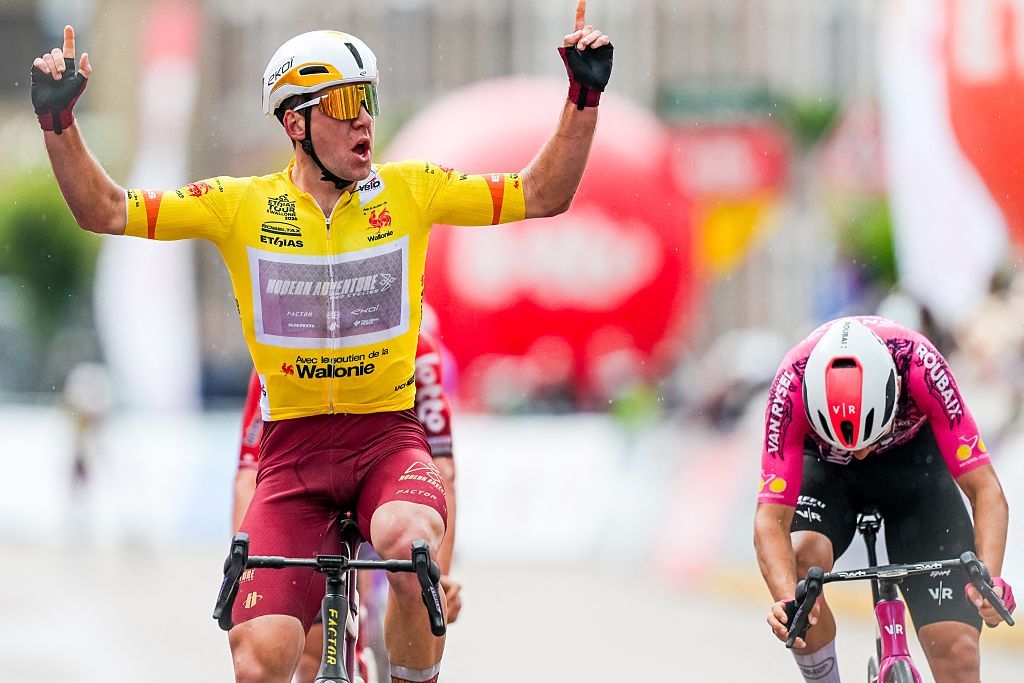 New Zealander Ben Oliver of Modern Adventure Pro Cycling celebrates as he crosses the finish line to win the fifth stage of the Tour De Wallonie cycling race, from Bassenge to Aubel (176,4 km), on Friday 05 June 2026. BELGA PHOTO DAVID PINTENS (Photo by DAVID PINTENS / BELGA MAG / Belga via AFP)