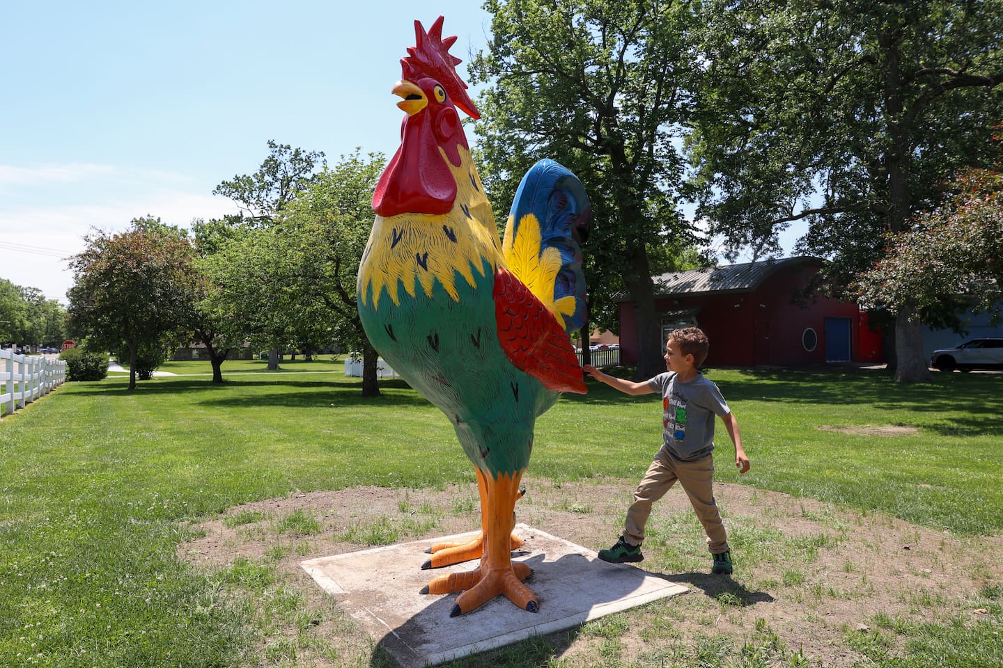 Joseph Moore, 5, of Watseka, checks out the new rooster statue near the entrance to Perry Farm Park on Monday, June 1, 2026. The Bourbonnais Township Park District purchased the brightly colored, 9-foot-tall statue a couple months ago to greet people near the Exploration Station.
