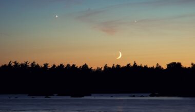 A crescent moon shines in the evening sky above a forest as two planets glow overhead in the peach colored sky.