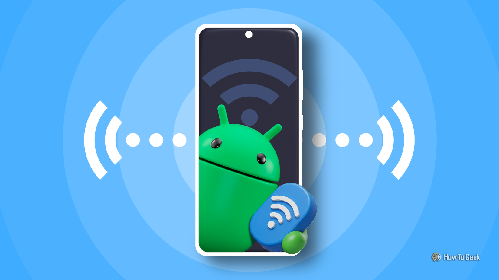 A 3D Android mascot emerging from a smartphone screen holding a Wi-Fi icon, with white signal waves radiating outward on a blue background.