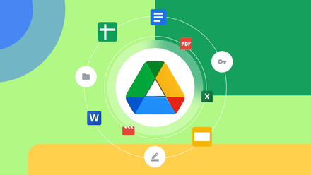 A colorful illustration of the Google Drive logo in the center, surrounded by icons like PDFs, Word, Excel, and folders, all arranged in a circular layout on a bright geometric background