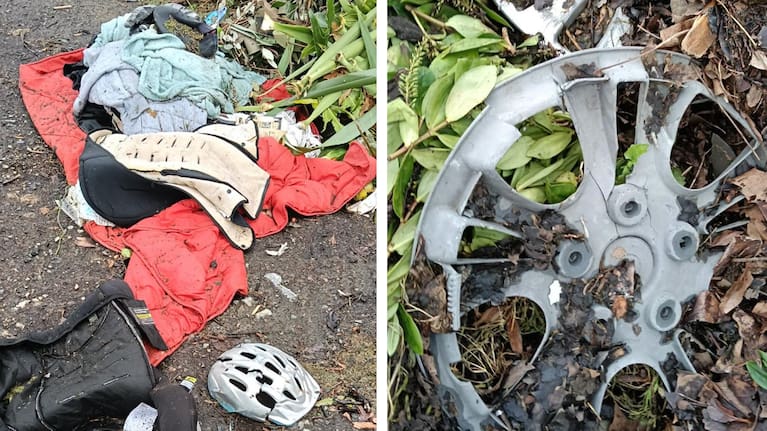 A discarded hubcap, clothing, and a damaged bike helmet. (Source: Whakatāne District Council)